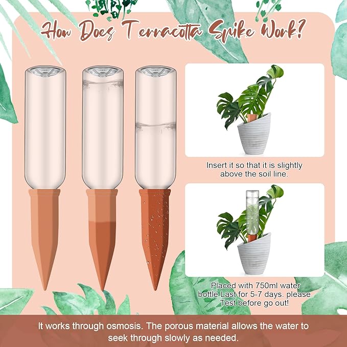 SiliFine 3 Sets Plant Watering Devices Include Terracotta Self Watering Spikes and 26 oz Plastic Bottles, Slow Release Vacation Insert Automatic Plant Waterer Device (Blue Clear Brown and Terracotta)