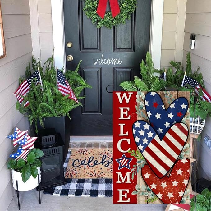 CROWNED BEAUTY 4th of July Patriotic Welcome Garden Flag 12x18 Inch Double Sided USA Flag Hearts Blue Red Memorial Day Independence Day Outside Yard Party Decoration