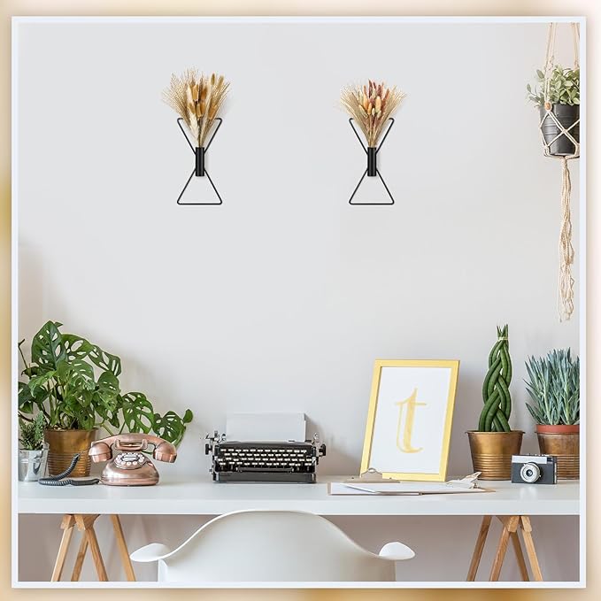 Peryiter 2 Pcs Boho Black Wall Decor Metal Wall Art x Shaped Hanging Planters with Artificial Pampas Modern Home Bedroom Decor for Bathroom Living Room Dining Room