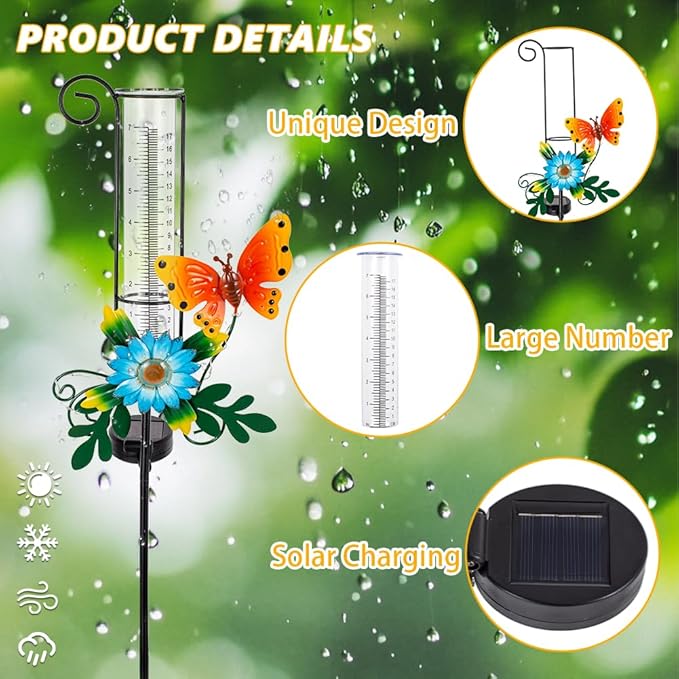 Rain Gauge Outdoor,Rain Gauges,Glass Decorative Rain Guage with Metal Stake for Garden Yard Lawn Decor,Butterfly
