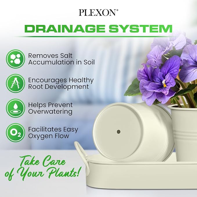 Plexon Herb Planter Indoor Garden Set of 3 with Tray, Metal Herb Pots for Indoor Plants, Round Kitchen Garden Kit Ideal for Windowsill Planter or Countertop, Off-White Powder Coated