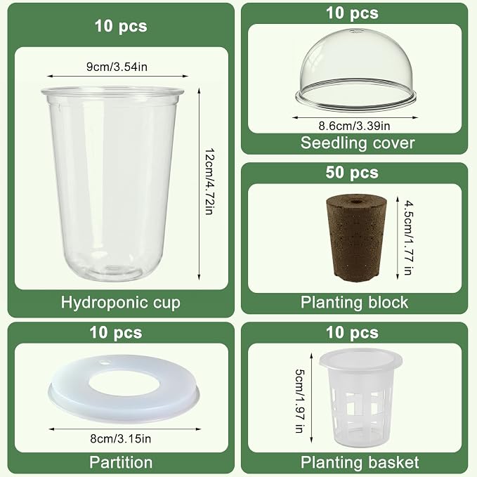10 Sets Transparent Hydroponic Pods Seed Starter Kit, 50 Biochar Sponges, 5in1 Indoor Growing System with Humidity Domes, Clear Self Watering Planters for Herbs, Cherry Tomatoes, Root Monitoring