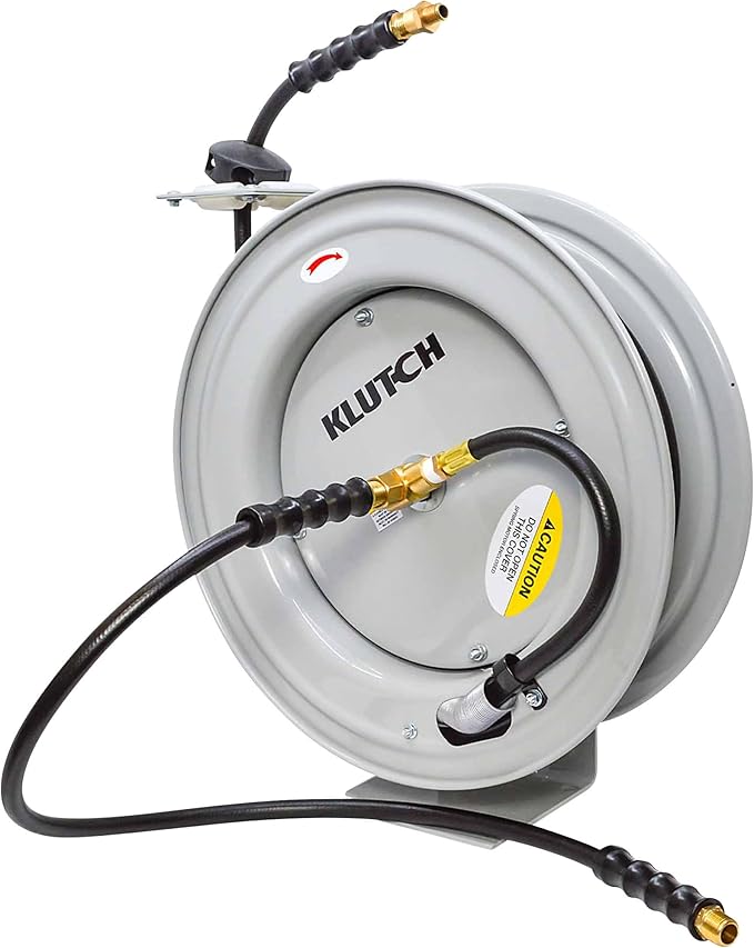 Klutch Auto-Rewind Air Hose Reel with 1/2-Inch x 50-Foot Rubber Hose - 300 PSI Max, Gray Wall-Mount Reel for Pneumatic Air Tools