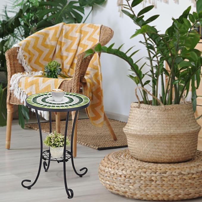 VCUTEKA Outdoor Side Table Mosaic Patio Table Accent Tables Mosaic Tile Top Metal Frame Small End Tables Porch Beach Patio Garden Balcony Grass Green