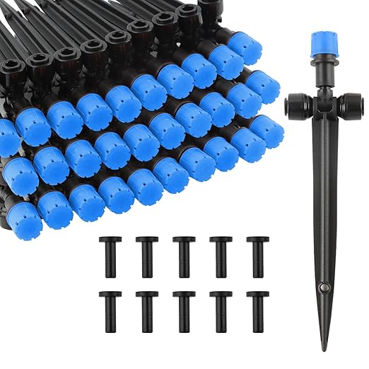Kalolary Drip Irrigation Emitters, 30pcs Quick Connect Adjustable 360 Degree Water Emitters for for 1/4" Tubing, Durable Irrigation Drippers for Garden, Lawn, and Greenhouse Watering Systems(Blue)
