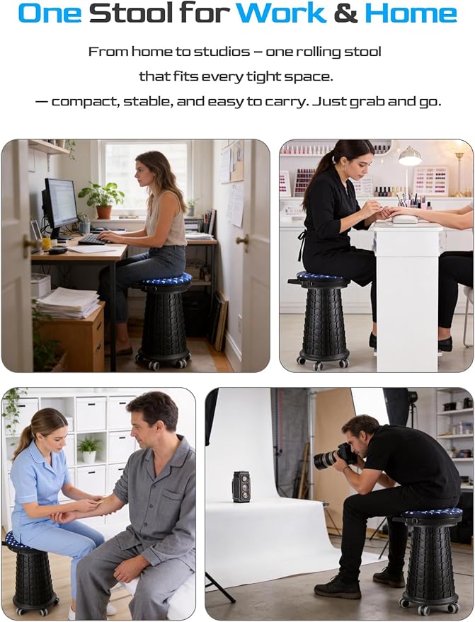 2026 Upgraded 3XL Rolling Collapsible Stool with Wheels | 1000lbs Capacity, 24-in Taller & 13-in Wider Retractable Stool for Adults, Thick Swivel Cushion & 5 Silent Casters, for Home, Garage, Kitchen