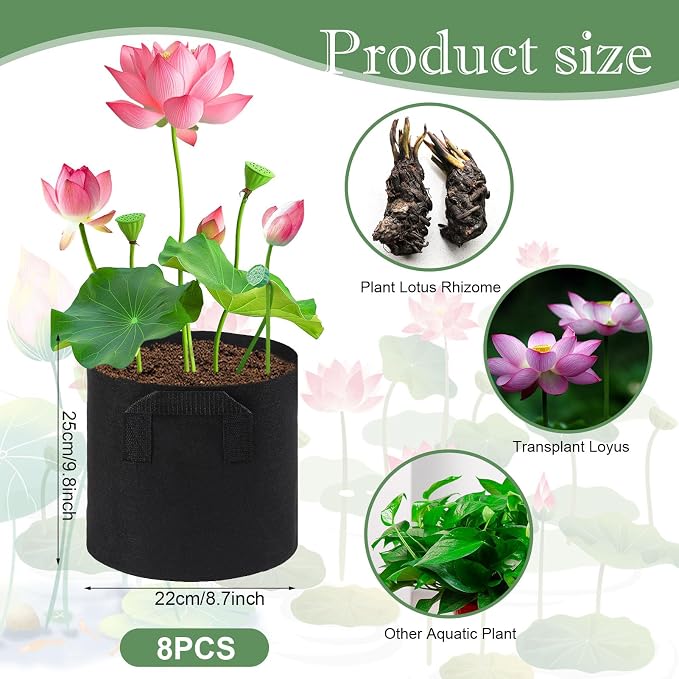 8Pack Lily Plant Pots for Pond, Thickened Nonwoven Plant Fabric Pots with Handles, Durable Breathe Reusable Fabric Plant Bags for Aquatic Plants, Potato, Carrot, Onion, Flower