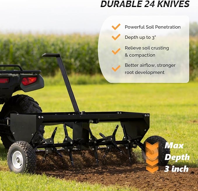 VINGLI 40" Tow Behind Lawn Plug Aerator with Weight Tray, 24 Knives, Adjustable Handle & 10" Inflatable Wheels, Universal Hitch for Lawn Tractor ATV UTV, Garden, Yard, Farm, Black