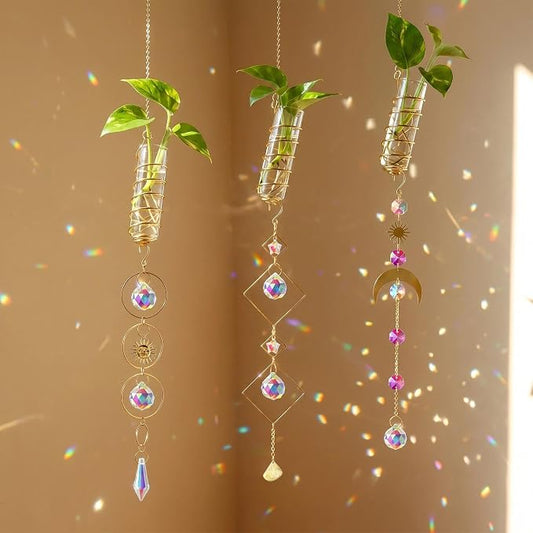 HDCRYSTALGIFTS 3pcs Crystal Suncatchers with Plant Propagation Tubes for Window Wall Hanging, Mini Flower Vase Glass Planter Stations for Hydroponics Home Garden Office Decoration Plant Lover Gift