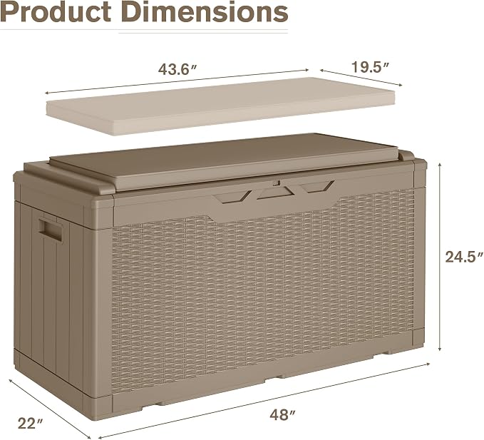 JUMMICO 100 Gallon Resin Deck Box with Cushion, Waterproof Outdoor Storage Box with Lockable Lid for Garden Tools, Patio Cushions (Light Brown)