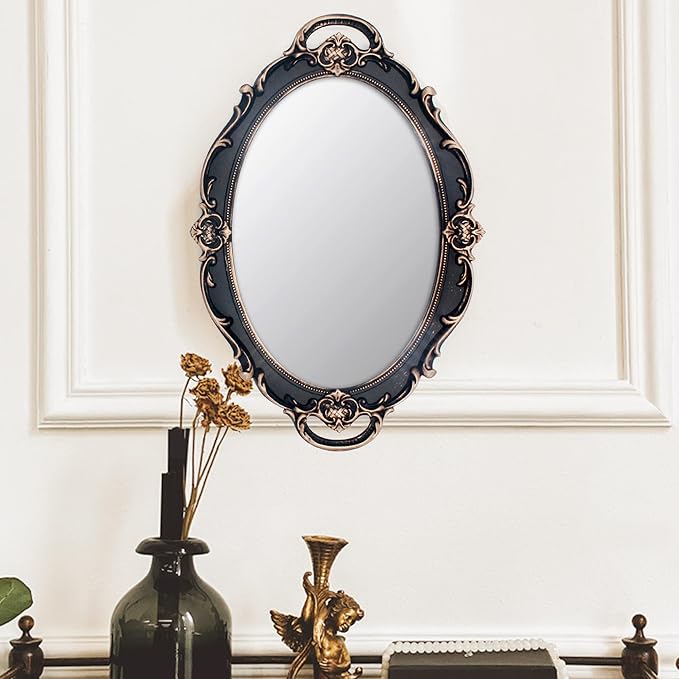 Eaoundm 14.5 x 10 inchs Smallest Oval Antique Decorative Wall Mirror Vintage Hanging Mirror Brown