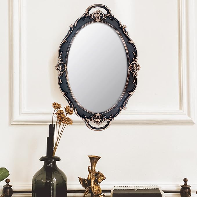 Eaoundm 14.5 x 10 inchs Oval Antique Decorative Wall Mirror Vintage Hanging Mirror (Brown 2 Pcs)