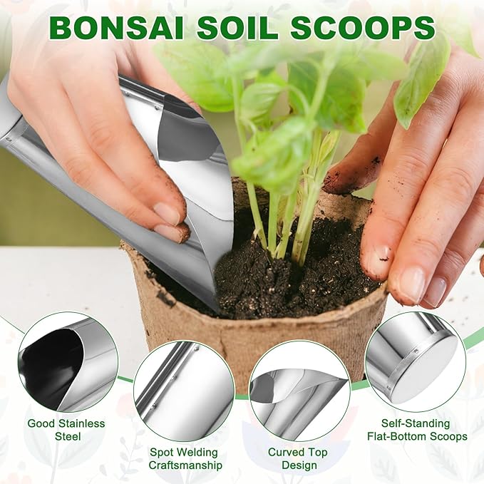M METERXITY 1-Pack Bonsai Soil Scoops, 2.8inch/7.2cm Stainless Steel Garden Soil Scoops Bucket Shovel Potting Scoopers for Transplanting/Flower Planting, Small Gardening Tools [Silver Tone]