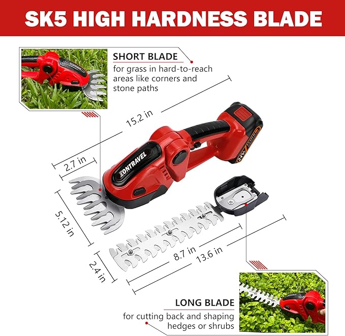 Cordless Hedge Trimmer-24V Electric Shrub Trimmer Grass Shears Handheld Grass Cutter, Hedge Shear with 2 PCS Rechargeable Battery, Charger and Toolbox to for Garden, Lawn, Red