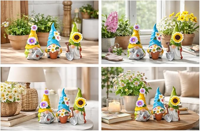 Hodao Summer Decorations for Home - Colorful Garden Gnomes Figurines with Flowers & Tools – Spring Summer Indoor Decor for Table, Lawn, Window Sill – Gift for Garden Lovers