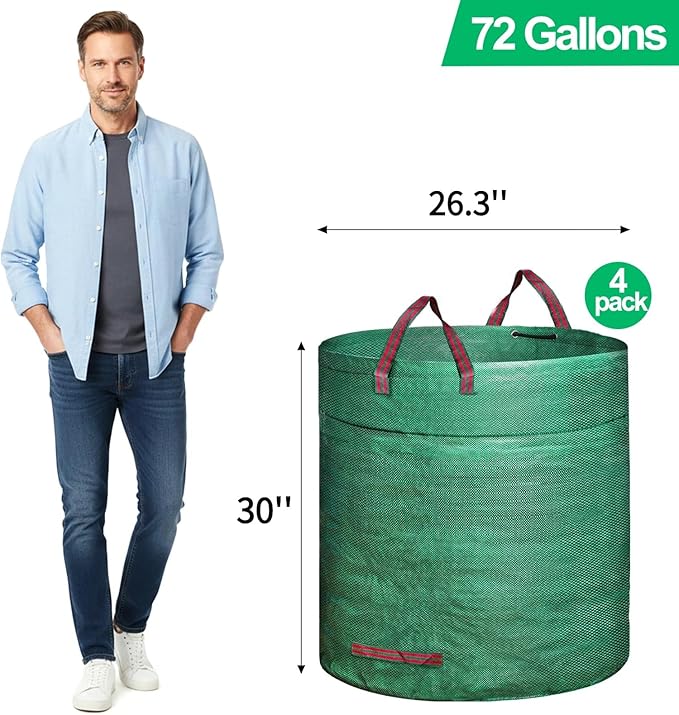4 Pack 72 Gallons Reusable Yard Waste Bag, Large Lawn and Leaf Bags with 4 Reinforced Handles, Heavy Duty Large Garden Waste Bin Container for Leaves, Grass Clippings, Camping Yard Recycling