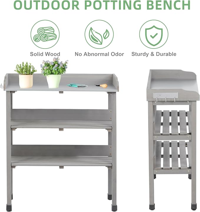 Outdoor Wooden Potting Bench Table, Garden Wood Workstation Planting Table with Metal Top, Storage Shelf, and 3 Hooks for Gardening, Grey