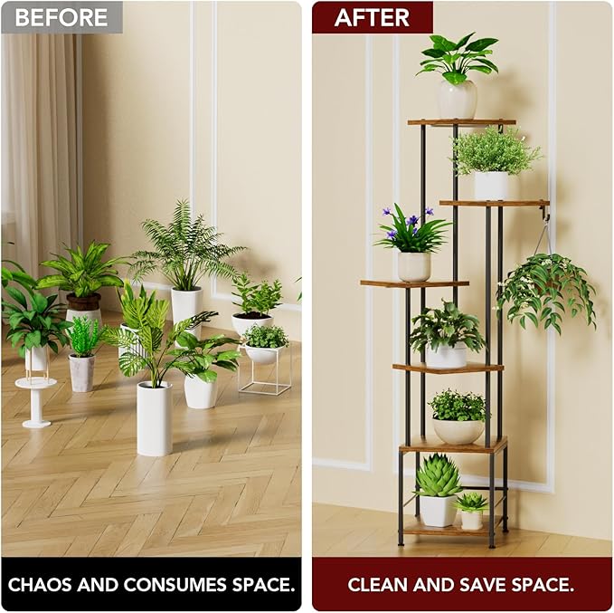Homsorout Plant Stand Indoor with Grow Light - 6-Tier Metal Plant Shelf with Hanging Basket Hook, Corner Tall Flower Holder for Multiple Plants, Living Room Balcony Garden Patio, Rustic