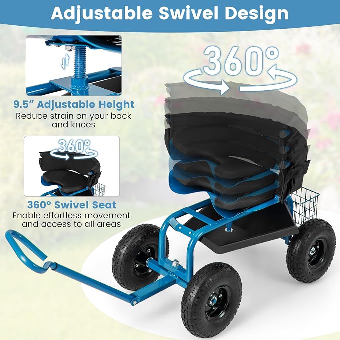 Garden Cart with Seat, Heavy-Duty Rolling Wagon Scooter with Wheels, Height Adjustable & 360° Swivel Seat, Storage Tray, Basket & Handle, Outdoor Gardening Work Seat for Patio Yard(Blue)