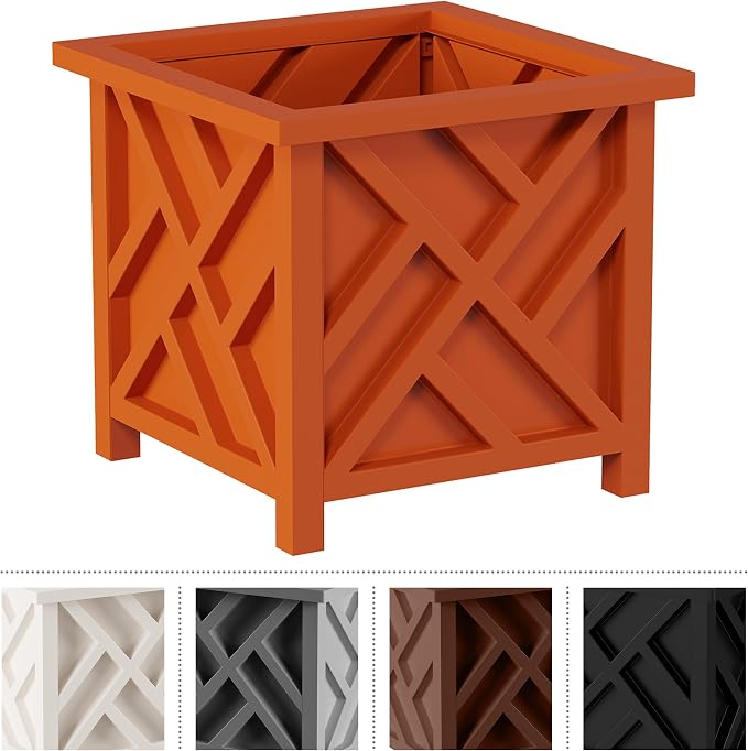 Lattice Design Outdoor Planter Box - 14.75” Square 13” Tall Terracotta Plant Pot - Decorative Plant Pots for Front Porch Decor - Flower Pots Outdoor Planters for Porch Patio or Garden by Pure Garden