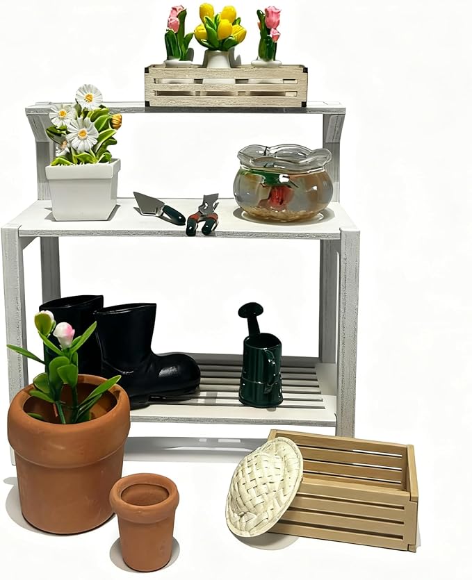 Miniature Scene Building 1:12 Scale Garden Potting Bench Set with Tools, Flowers, Pots and Fish Bowl (Potting Bench)