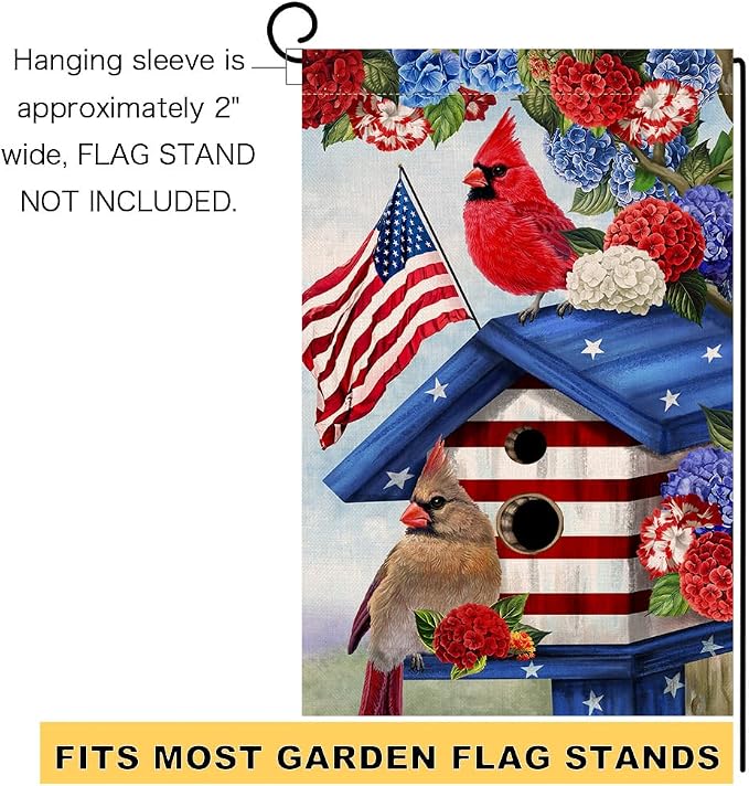 BLKWHT 4th of July Cardinal Bird Garden Flag 12x18 Vertical Double Sided Red Blue Floral Memorial Day Independence Day Holiday Outside Decorations Burlap Yard Flag BW824