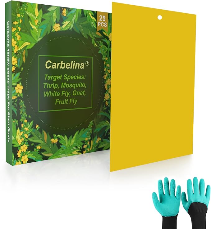Plant Bug Sticky Traps Indoor/Outdoor -25 PCS + Gardening Gloves for Women -Yellow Sticky Gnat Traps for Indoor Plants, Fruit Fly Traps for Kitchen -Plant Lover Gift, Non-Toxic