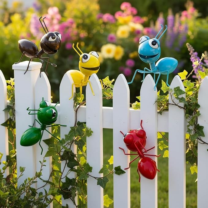 Cruis Cuka Metal Ants Wall Decor, Set of 6 Cute Garden Hand Painted Decorations for Outdoor Fence Patio Yard, Rustic Farmhouse Hanging Sculptures