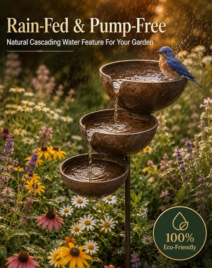 Rain Catcher Bird Bath & Multi-Tiered Water Feature, Rustic Metal Garden Stake, Safe Shallow Bee-Friendly Hydration Bowls, Weather-Resistant Outdoor Bird Bath for Yards, Lawns, Gardens，Copper