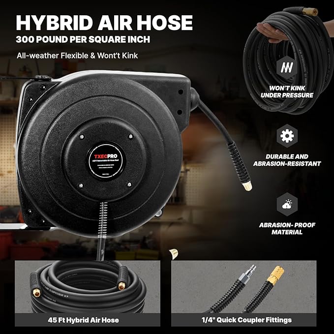 Retractable Air Hose Reel, 1/4 IN x 45 FT Hybrid Air Hose Max 300 PSI, Air compressor hose reel with 5 ft Lead in, Ceiling/Wall Mounted air hose reel,Heavy Duty air tool