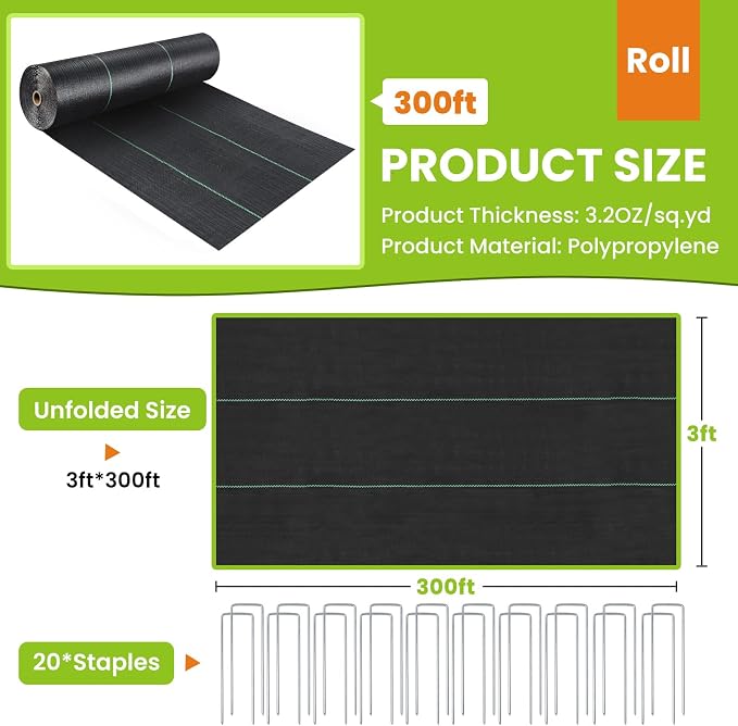 3x300FT Weed Barrier Landscape Fabric Heavy Duty, 3.2oz Weed Control Garden Cloth, Block Gardening Ground Cover Mat, Woven Geotextile Fabric for Driveway, Gravel, Greenhouse, Underlayment