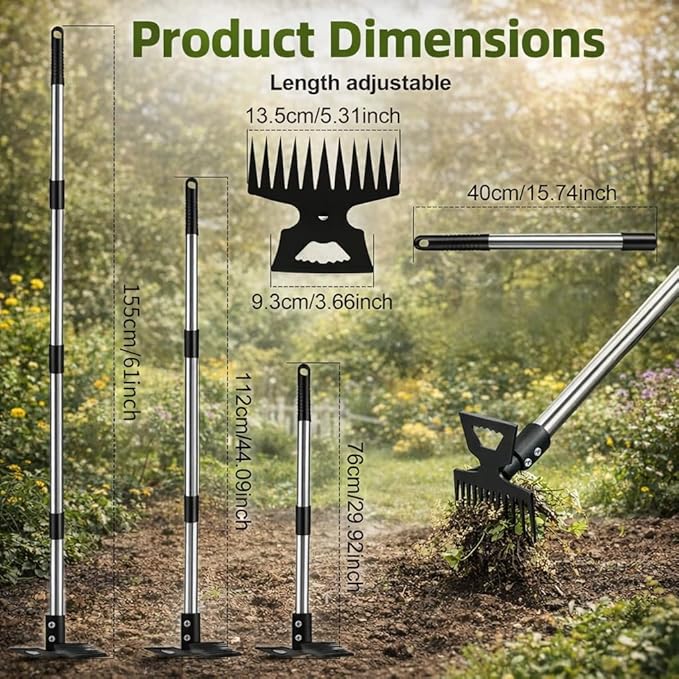 Weed Puller Tool with 61" Long Handle, 2-in-1 Garden Hoe & Weed Rake, Heavy Duty Manual Weeder for Yard, Lawn, Patio and Garden
