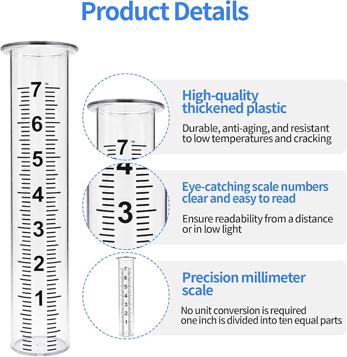 7'' Plastic Rain Gauge Replacement Tube, Durable Thick Plastic Rain Gauge Tube with Cleaning Brush,Cold Resistance Crack Resistance for Garden Yard Lawn Outdoor Use