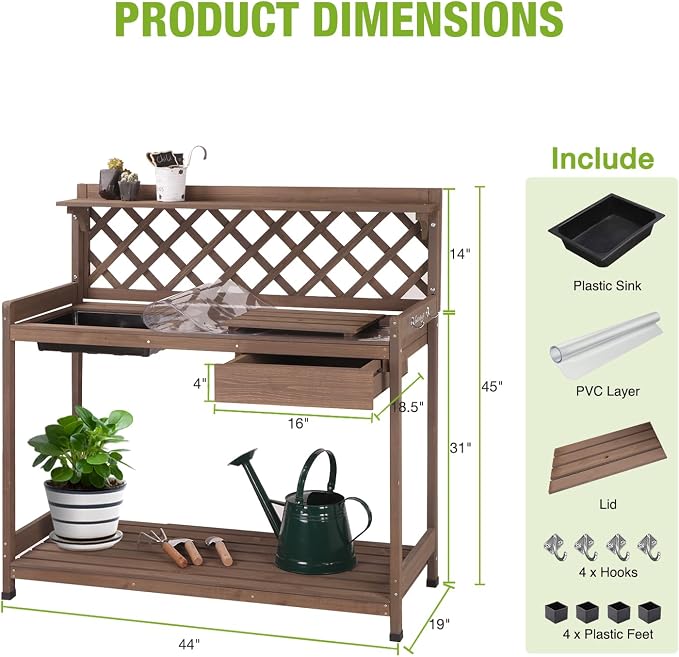 GUTINNEEN Potting Bench Outdoor Gardening Work Bench with Sink & Lid, Wooden Planting Table for Outside with Storage, Drawer, Shelf, Hook