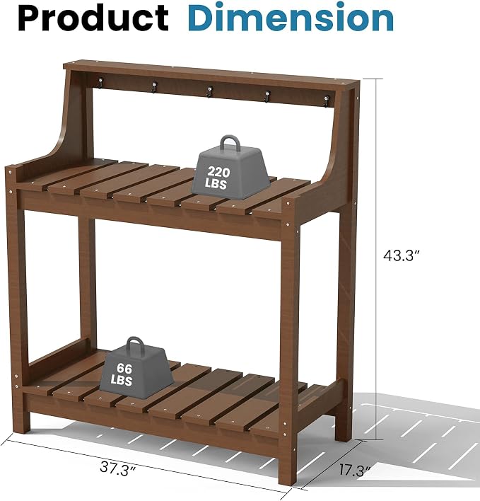 Garden Potting Bench for Outside, HDPE Outdoor Potting Table with Storage Shelves & Tool Hooks, All Weather Planting Workstation for Patio Backyard Garden (Brown)