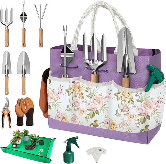 22Pcs Gardening Tools Set for Women Heavy Duty Garden Hand Tool Kit,Birthday Gifts for Mom Wife Grandma Beginner Gardening Accessories with Large Tote Bag/Shovel/Repotting Mat/Plant Labels/Gloves
