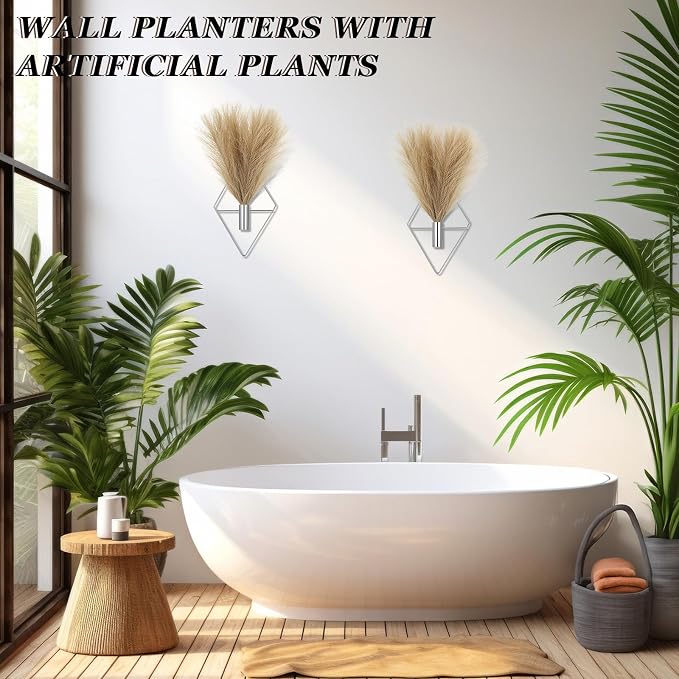 Canlierr 2 Pieces Boho Wall Decor Hanging Planters with Artificial Plants Metal Hanging Vase Indoor Plants Holder Modern Wall Art for Bathroom Bedroom Living Room Decor, Silver, Pampas Grass