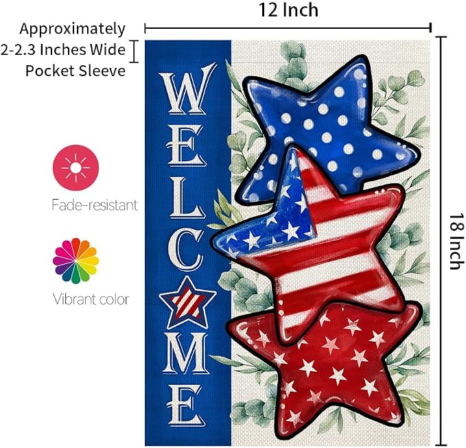 CROWNED BEAUTY 4th of July Patriotic Stars Garden Flag 12x18 Inch Double Sided for Outside Small Burlap Independence Day Welcome Yard Decorations