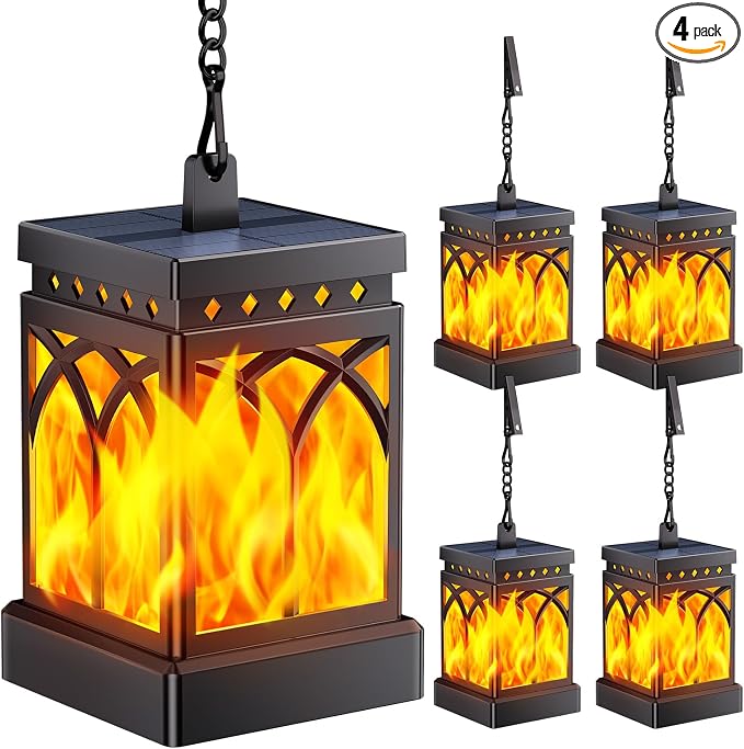 KOOPER 4 Pack Solar Lanterns Outdoor Waterproof, Upgraded Flickering Flame Modes + Constant Modes Hanging Solar Lantern Lights for Outside, Lanterns Decorative Outdoor for Garden Table Yard Tree Decor
