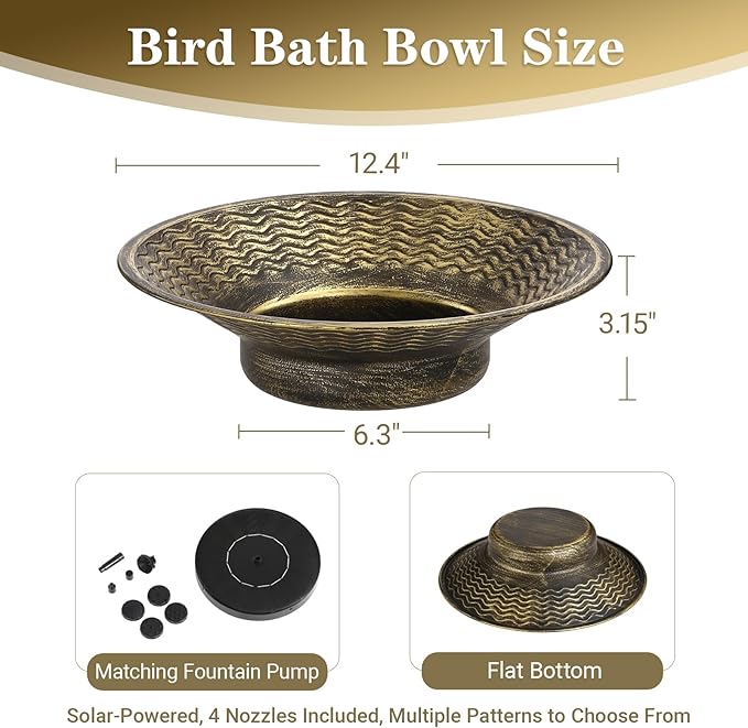 Bird Bath for Outside, Solar Powered Bird Bath Bowl Fountain, Solar Fountain Bird Bath for Outdoor Garden Patio Lawn Tabletop Decor (Gold)