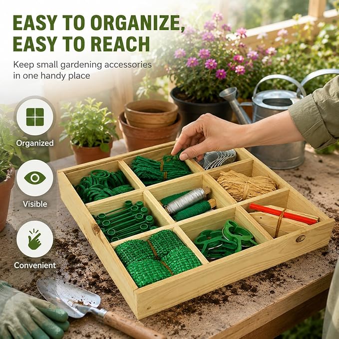 Gardening Gifts for Women Men, 9-Compartment Wooden Garden Accessory Box with Clear Lid, Gardener’s Essentials Organizer, Garden Tools Gift for Mom Dad Grandparents Garden Lovers