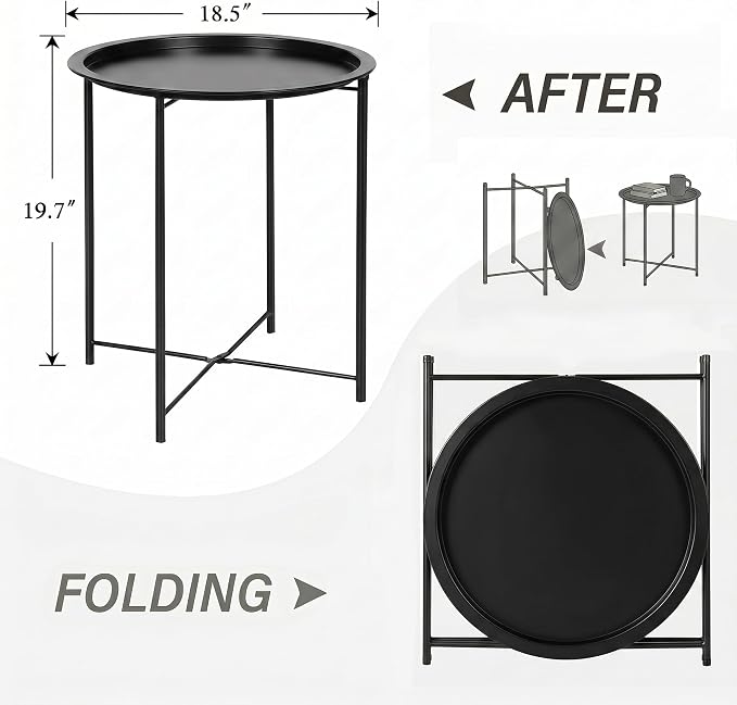 VECELO Side/End Table, Folding Round Metal Anti-Rust and Waterproof Outdoor or Indoor Tray for Living Room Bedroom Balcony and Office, 1 PCS, Black