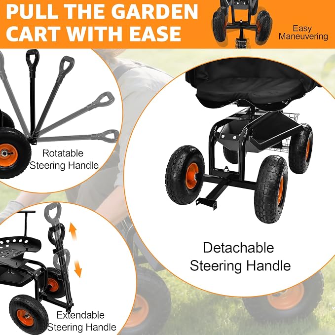 Garden Cart Rolling Workseat with Wheels, Gardening Stool for Planting, 360 Degree Swivel Seat, Wagon Scooter with Steering Handle & Utility Tool Tray, Use for Patio, Yard, and Outdoors
