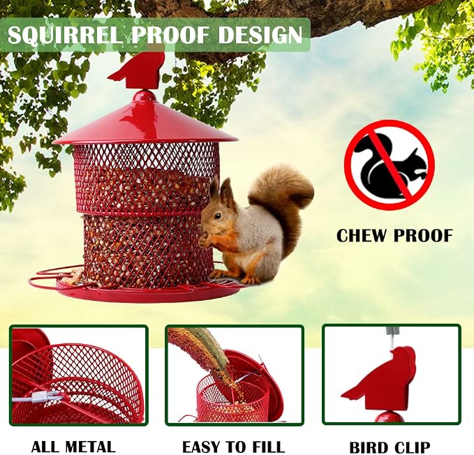 Squirrel Proof Bird Feeder for Outdoors, 4 Lbs Large Capacity Metal Mesh Wild Bird Feeders, Hanging Birdfeeder for Finch, Cardinal, Chickadees, Blue Jay, Red