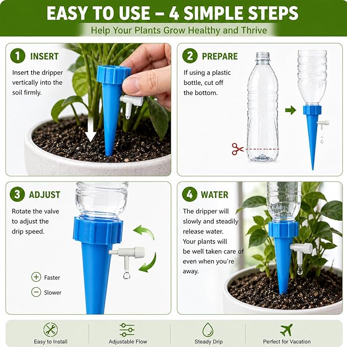 20PCS Self Watering Spikes, Adjustable Control Valve Plant Watering Inserts, Automatic Watering Devices for Indoor Outdoor Potted Plants and Garden