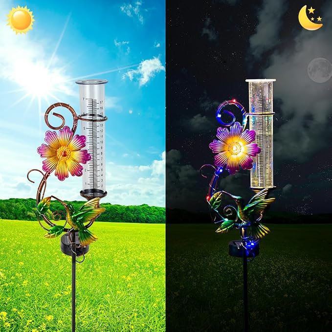 Hummingbird Rain Gauge Outdoor, Solar Rain Gauge, Metal Rain Measure Gauge with 7 Inch Tube, Decorative Color Lights Rainfall Measurement for Yard