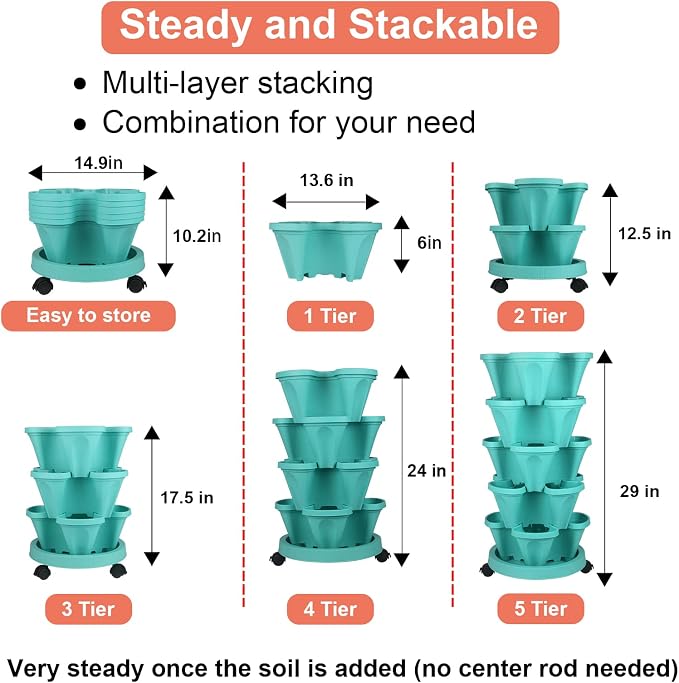 GameXcel Vertical Planter Tower - 5 Tier Stackable Garden Planters with Wheels and Tools Plant Pots for Strawberry Herb Flower and Vegetable Indoor Outdoor Use Teal 2 Pack