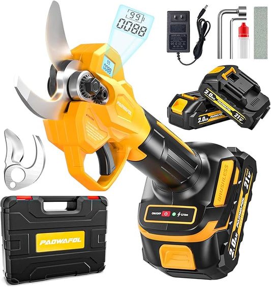 2.05"/ 56mm Electric Pruning Shears, Cordless Electric Scissors LCD Display＆SK7 Blades, 21V Brushless Motor Branch Cutter with 2 PCS Rechargeable 2000mAh Batteries & 2 Blades (Yellow)