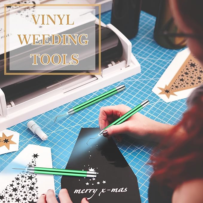 Therwen 3 Pcs LED Weeding Tools for Vinyl with Light Pin and Hook Lighted Weeding Pen for Removing Iron on Tiny Vinyl Paper Iron on Projects Adults and Cutting Machines Supply(Green)
