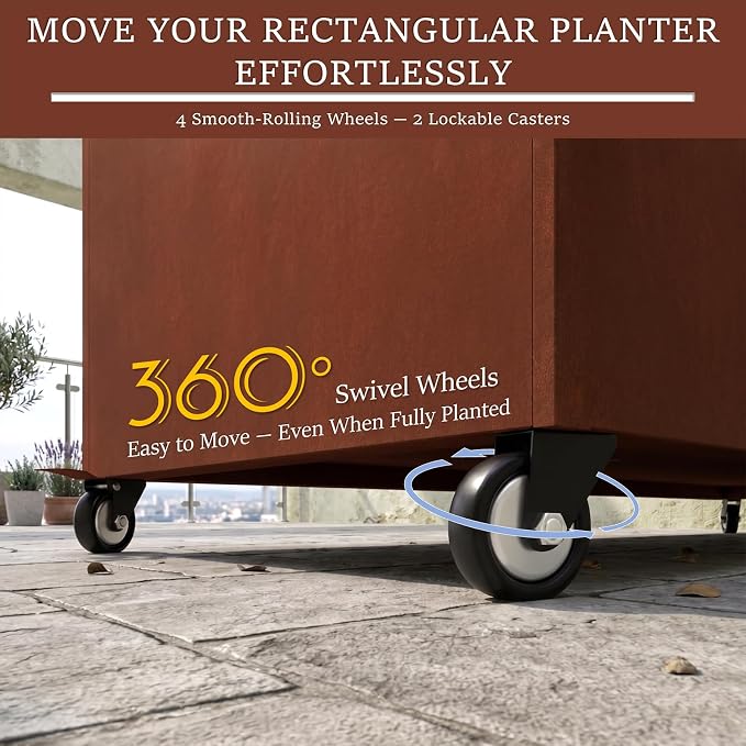 36 Inch Corten Steel Planter Box with Wheels, Tall Outdoor Rolling Planter with Drainage & Removable Shelf, Large Rectangular Weathering Steel Planter for Patio, Porch, Balcony & Garden